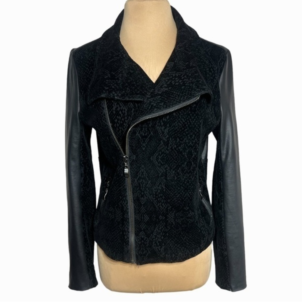 Liverpool black faux leather snake print embossed mixed media moto jacket - Picture 4 of 11
